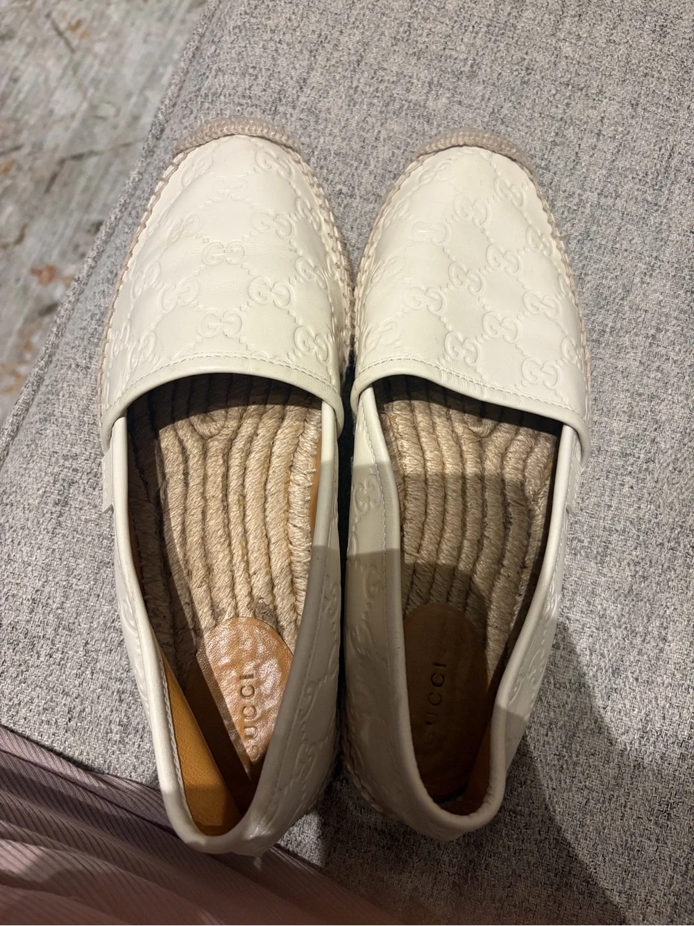 Gucci Cream Embossed Leather Espadrille Flats